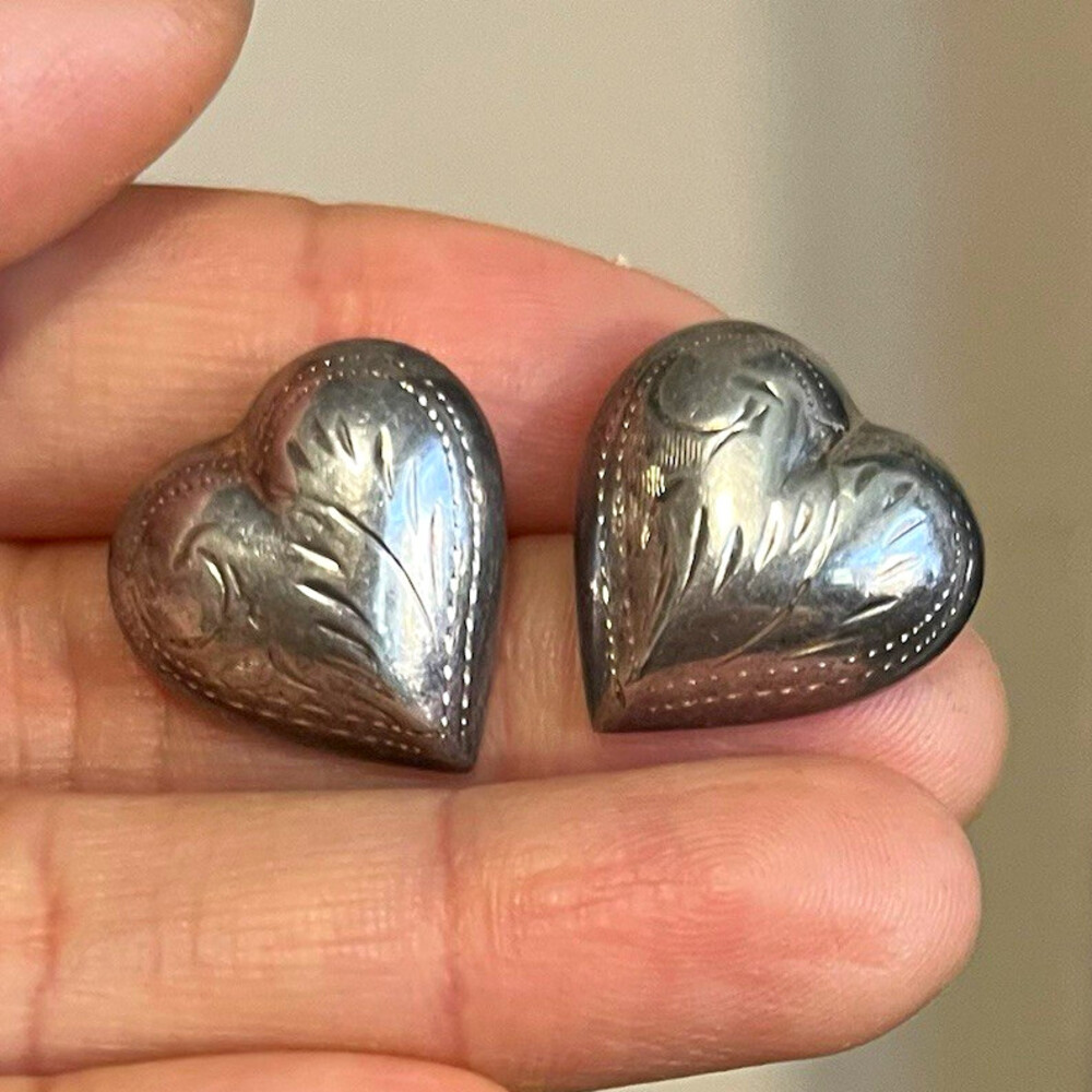 Vintage Heart Textured Silver Tone Stud Earrings Sterling 925 marked .